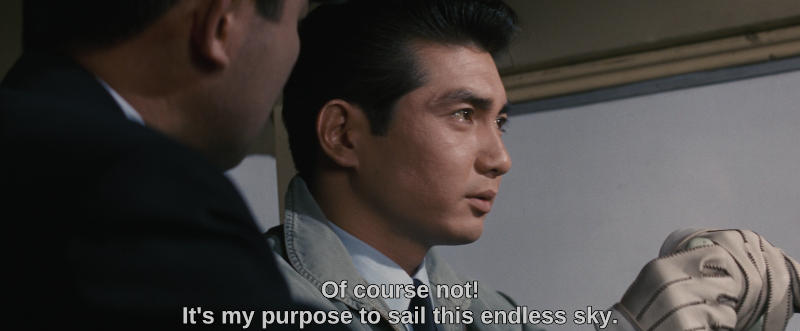 Color image. A man flies a small aircraft while his instructor looks at him. The subtitle reads, Of course not! It's my purpose to sail this endless sky.