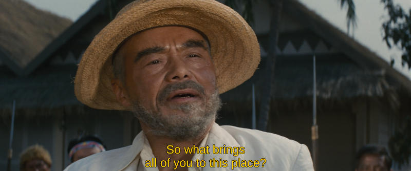 Color image. A man in a straw hat stands before a rural building. The subtitle reads, So what brings all of you to this place?
